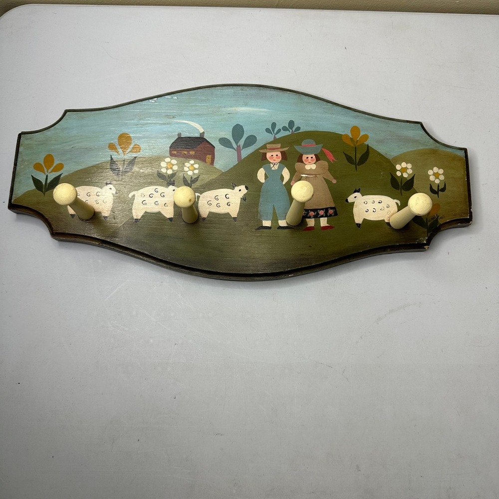 Vintage 1963 Folk Art Hand Painted Wood Wall Rack Sheep Pastoral Scene A Erdle